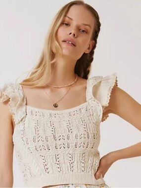 Anthropologie Cream Crochet Knit Ruffle Strap Tank Top S